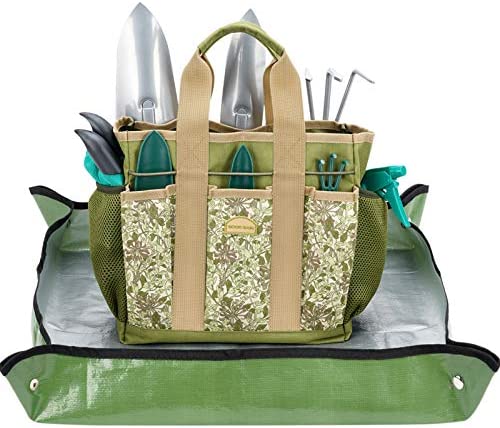 12PCS Heavy Duty Garden Tools Set in Tote Bag with Succulent Tools, Garden Kit Includes Hand Trowel, Rake, Transplanter Gloves, Sprayer and Repotting Mat, Gardening Gift Set for Men Women