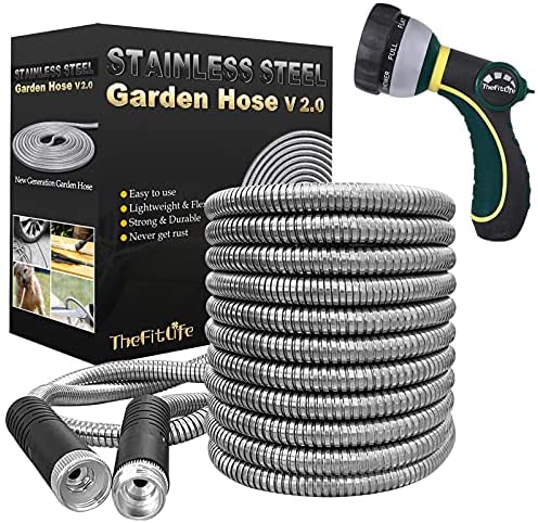 TheFitLife Flexible Metal Garden Hose – Upgrade Leak and Fray Resistant Design, Stainless Steel Water Hose with Solid Fittings and Sprayer Nozzle, Lightweight Kink Free Durable Easy Storage (25 FT)
