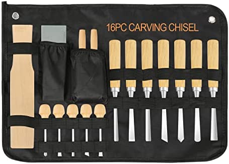 16PCS Wood Chisel Sets Woodworking, Professional Wood Carving Tools with Wood Knives, Carving Tools, Sharpening Stone, Mallet, Storage Bag for Beginner