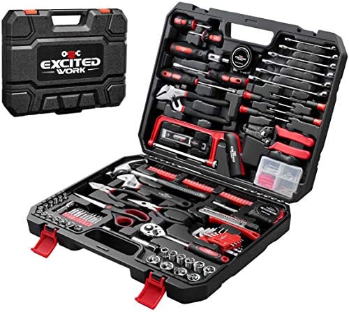 198-Piece Household Tool Set,EXCITED WORK General Home/Auto Repair Hand Tool Kit with Hammer, Pliers, Wrenches, Sockets and Toolbox Storage Case