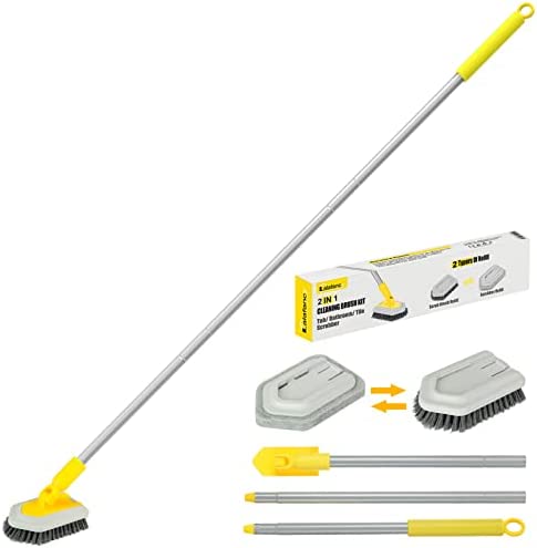 2 in 1 Cleaning Brush Tub and Tile Scrubber Brush Sponge with 46” Extendable Long Lightweight Handle Detachable Stiff Bristles Scrub Brush for Cleaning Bathtub Shower Bathroom