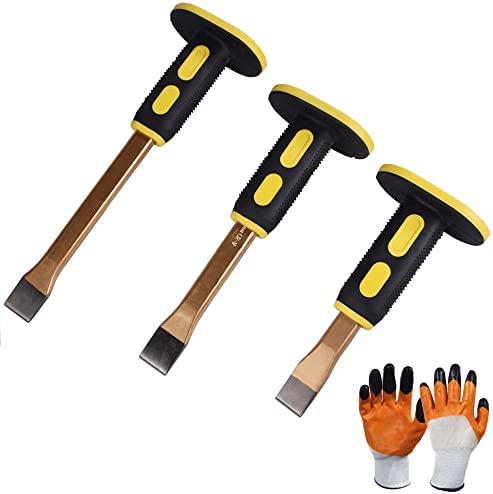 3 piecesmasonry chisel, Heavy Duty Flat Chisel with Hand Protection, Flat Head, Demolishing/Masonry/Carving/Concrete Breaker Chisels with Bi-Material Hand Guard+ A pair of gloves + A pair of gloves