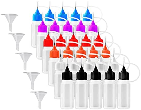 30pcs 10ml Needles Precision Tip Applicator, Translucent Glue Bottles and 6 Color Tips for Quilling Craft, Acrylic Painting, with 5 Funnel (Multicolor – 30pcs)