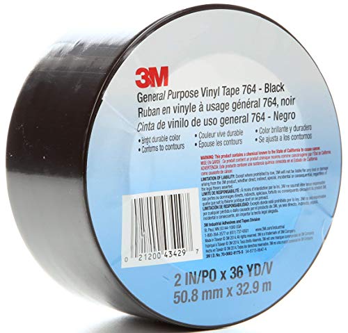 3M Vinyl Tape 764, General Purpose, 2 in x 36 yd, Black, 1 Roll, Light Traffic Floor Marking Tape, Social Distancing, Color Coding, Safety, Bundling