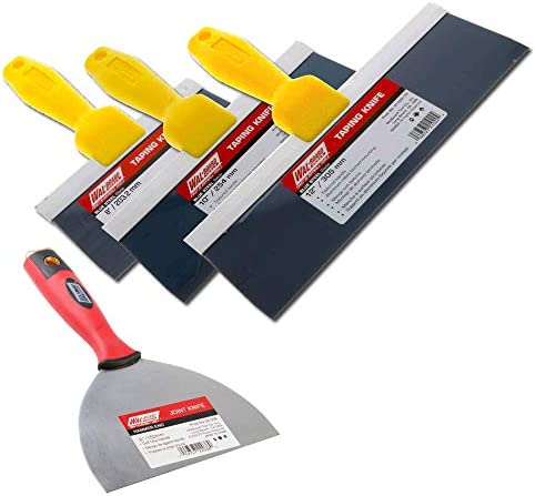 4-Piece Wall Board Taping Knife Set – Blue Steel Drywall Finishing Knives 8″- 10″- 12″ Plus 6″ Soft Grip Joint Knife