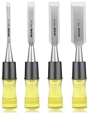 4 Piece Wood Chisel Set for Woodworking, CR-V Steel Beveled Edge Sharp Blade with Caps, Durable PVC High Impact Handle,1/4″,1/2″, 3/4″, 1″, Versatile Chisel Size basic sturdy chisel set