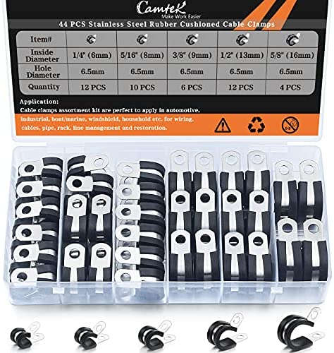 44PCS Cable Clamps Assortment Kit, Camtek Stainless Steel Rubber Cushion Pipe Clamps Hose Clamps Rubber Cushioned Fuel Line Hose Water Pipe Air Tubing Clamps – 5 Sizes 1/4” 5/16” 3/8” 1/2” 5/8”