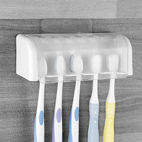 5 Slots Wall Mount Toothbrush Holder with Cover, Self Adhesive Toothbrush Storage Organizer for Shower, Toothbrush Hanger for Bathroom, Medicine Cabinet, Dorm