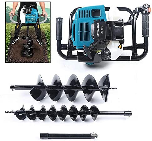 52cc 2.4HP Gas Powered Post Hole Digger 2-Stroke Single Cylinder Gasoline Engine with with Two Earth Auger Drill Bit 4″/8″Earth Digger