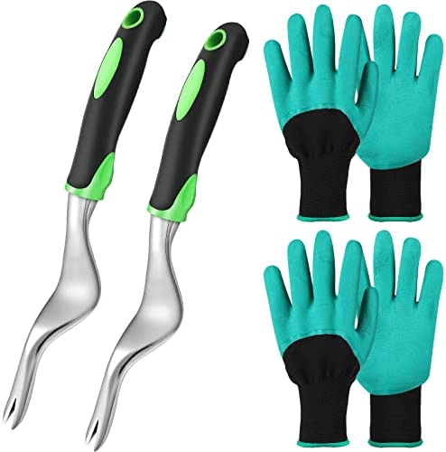 6 Pcs Hand Weeder Tools with Gloves Set, 2 Pcs Garden Weeding Tool Weed Puller Manual Weed Remover with Handle 2 Pairs Latex Coated Garden Work Gloves for Spring Summer Lawn Yard Planting Weeding