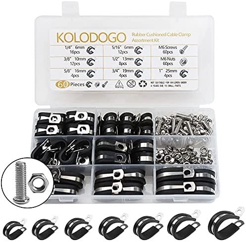 60pcs Cable Clamps Assortment Kit,304 Stainless Steel M6 Screws Nuts,Rubber Cushion Pipe Clamps Assorted Cable Wire in 7 Sizes 1/4″ 5/16″ 3/8″ 1/2″ 5/8″ 3/4″ 1″