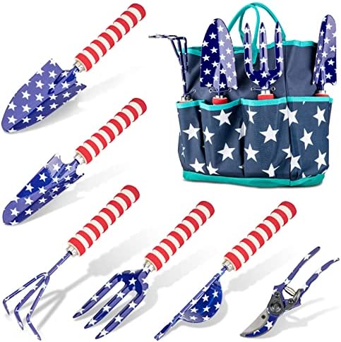 7 Piece Garden Tool Set National Flag, SWTOIPIG Ergonomic Heavy Duty Durable Gardening Hand Tools Kit, Outdoor Hand Tools with Non-Slip Wood Handle for Lawn Yard, Gardening Gift Women Men