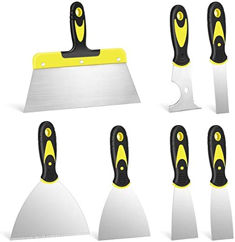 7 Pieces Joint Knife Set Including Putty Knives and 6-in-1 Multi-tool Painter Scraper, Soft Grip Handle Taping Knife for Drywall Plaster Paint Scraping Decals Wallpaper (1, 1.5, 2, 3, 4, 6, 10 Inch)