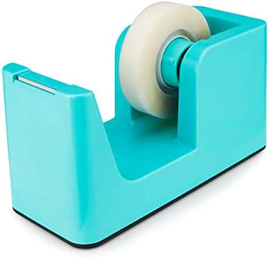 ABEL SimpleWork Desktop Tape Dispenser, Aqua, 1 in Core, Non-Skid Weighted Base, Tape Cutter for Office, Home, School, and Crafts