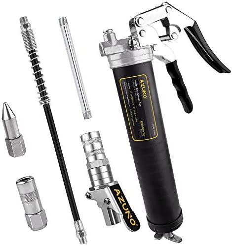 AZUNO Pistol Grip Grease Gun, 6500 PSI Heavy Duty Grease Guns with Flex Hose, Metal Extension, Professional Coupler and Sharp Nozzle