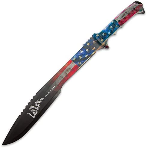 American Patriot Machete and Sheath – Aus-8 Stainless Steel Blade, Rubberized Handle, Printed Artwork – Length 25”