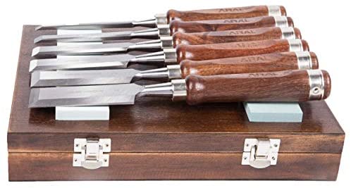 Aral 8 pcs wood chisel set, walnut handle and Vanadium steel blade, 6mm, 13mm, 19mm, 25mm, 32mm, 38mm and 2 sharpening stones, presentation in wood box