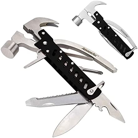 Armor All 12-in-1 Hammer Multi-Tool with Spring-Action Pliers, Straight and Serrated Blade Knives, and Screwdrivers (Black)