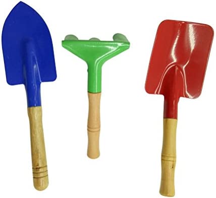 BESTOMZ 3Pcs Metal Kids Garden Tools Set with Sturdy Wooden Handle Safe Gardening Tools Trowel Rake Shovel for Children Kids (Random Color)