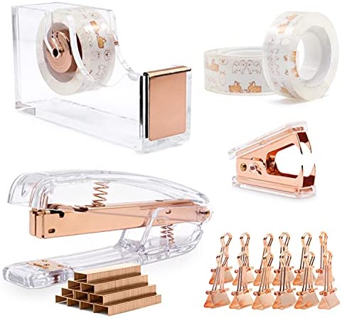 BOMEI PACK Desk Stapler Set, Tape Dispenser with 3Rolls Transparent Tape, Staple Remover with 1000 Staples and 12 Binder Clips, Acrylic Rose Gold Office Accessories Kit