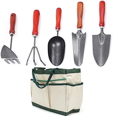 ChengHao Gardening Hand Tool Set-Comfortable Gardening Tool Set, Including Narrow Shovel, Wide Shovel, Soil Spoon, Three-Claw rake, Pointed-Nosed Hoe, Tool Bag, Gloves（wh000006）