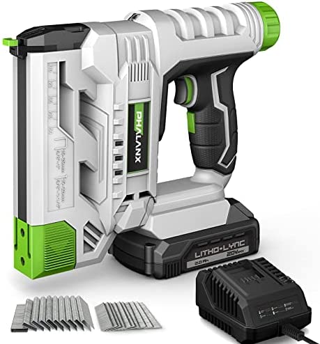 Cordless Brad Nailer 20 V, PHALANX 18 Gauge 2-in-1 Nail Gun/ Staple Gun Battery Powered, Finish Nailer with 2.0 Battery and Charger, 800 Nails and 800 Staples for Upholstery, Carpentry and WoodWorking