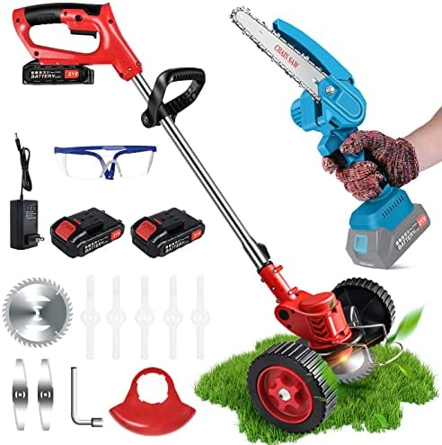 Cordless Weed Eater & Mini Chainsaw Set Battery Powered 21V 2000mAh, Electric Grass Trimmer for Lawn Mowing, Hand Chainsaws for Garden Trimming, 6″ & 4″ Chains,8 Blades,1 Wheels,3 Batteries,2 Charger.