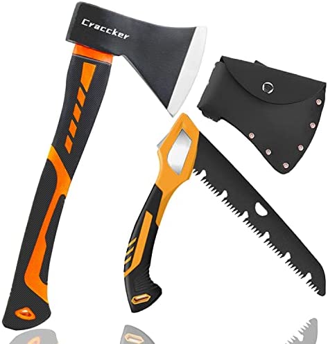 Craccker Camping Axe 15″ Plus Folding Saw Chopping Axe with Sheath and Anti-Slip Handle Outdoor Camping Hatchet Splitting Axe for Wood Splitting Gardening Tools (AXE-02)