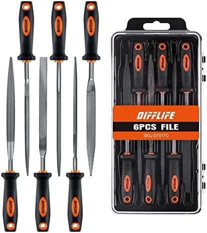 DIFFLIFE 7” Needle File Set (Carbon Steel 6 Piece-Set) File Handles, Hardened Alloy Strength Steel – Set Includes Flat, Flat Warding, Square, Triangular, Round, and Half-Round File (6-Piece)