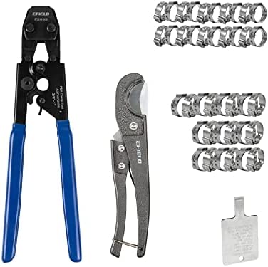 EFIELD Pex Cinch Clamp/Ear Hose Clamps Crimping Tool for Stainless Steel Clamps Sizes from 3/8″ to 1″ with Metal Pipe Cutter 20pcs 1/2″ and 10 pcs 3/4″ Clamps Suit all US F2098 Standards