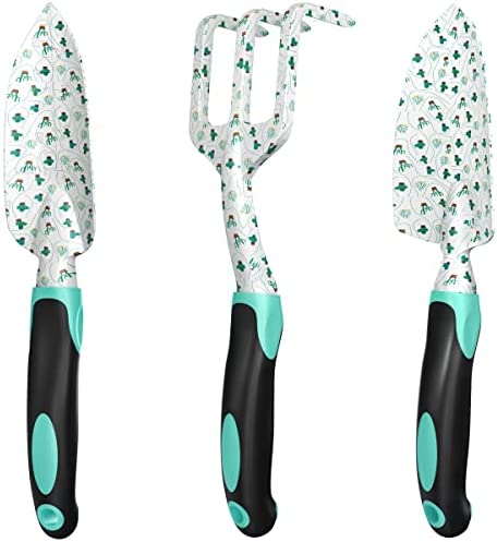 ESOW Garden Tool Set with Non-Slip Rubber Handle, 3 Piece Cast-Aluminum Heavy Duty Gardening Kit Includes Hand Trowel, Transplant Trowel and Cultivator Hand Rake, Cactus Pattern Printed