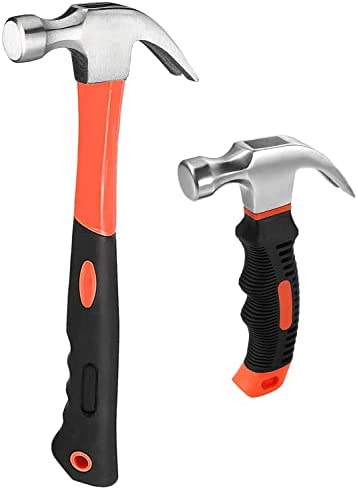 EWONICE 2PCs Hammer Set, 8 OZ Mini Stubby Claw Hammer and 16 OZ Fiberglass Handle General Purpose Claw Hammer, Nonslip Shock Absorbing Rubber Handle and Polished Steel Heads