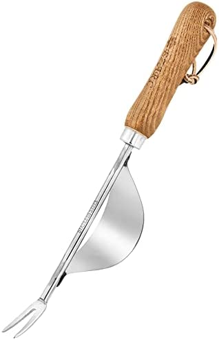 EZARC Hand Weeder, Weed Puller Tools for Garden – Bend-Proof – Leverage Base for Easy Weed Removal and Deeper Digging – Stainless Steel Garden Weed Fork with Wood Handle for Yard Lawn and Farm