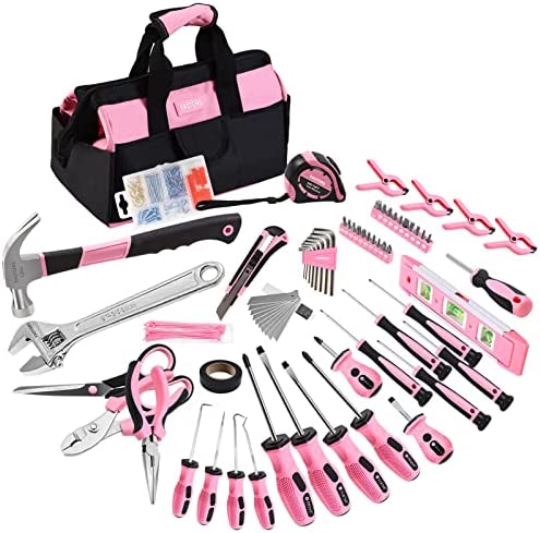 FASTORS Pink Tool Set,218-Piece Tools with Pink Tool Kit for Women Home Improvement,The Tool Set with 12-Inch Wide Mouth Open Storage Tool Bag,Can As a Great Gift for Women