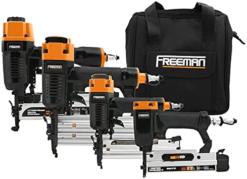 Freeman P4FNCB Pneumatic Finishing Stapler and Nailer 4-Piece Combo Kit with Canvas Bag and Fasteners, Black with Orange