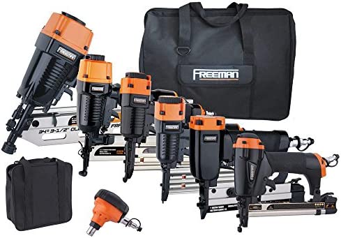 Freeman P9PCK Complete Pneumatic Nail Gun Combo Kit with 21 Degree Framing Nailer and Finish Nailers, Bags, and Fasteners (9-Piece) Ergonomic and Lightweight Nail Guns