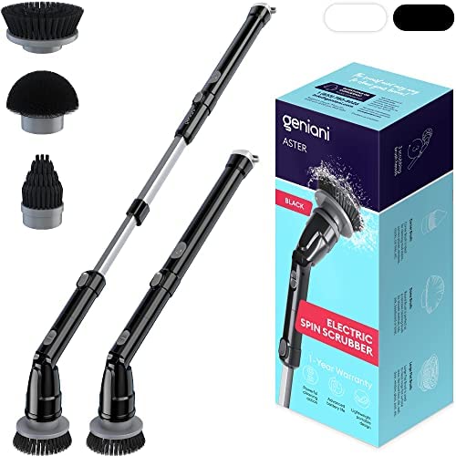 GENIANI Electric Spin Scrubber – 360 Cordless Powerful Scrub Brush for Cleaning Bathroom, Tile, Floor, Tub and Shower with Adjustable Extension Handle and 3 Replaceable Rotating Brush Heads (Black)