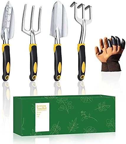 GOTINSN 5PCS Garden Tool Set, Gardening Hand Tools with Anti-Skid Ergonomic Handle and Garden Gloves, Garden Supplies Gardening Gifts for Women Men Kids