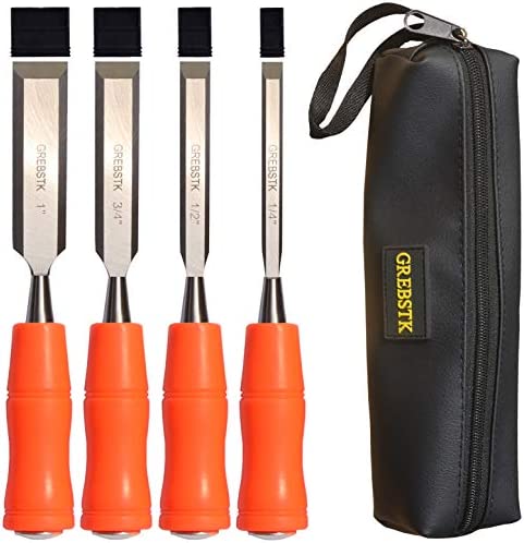 GREBSTK 4 Piece Wood Chisel Tool Sets Sturdy Chrome Vanadium Steel Chisel Woodworking Tools with Leather Bag, 4PCS, 1/4 inch,1/2 inch,3/4 inch,1 inch