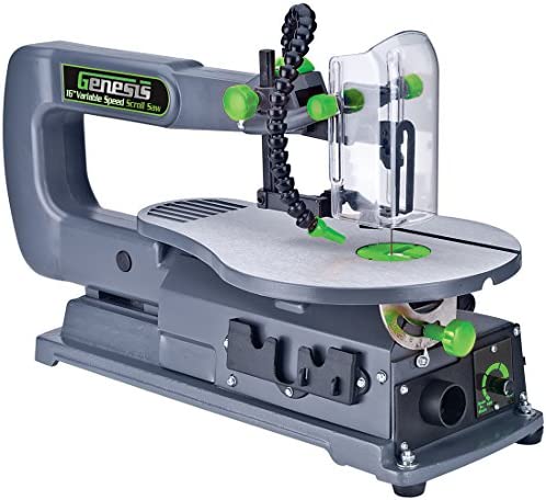 Genesis GSS160 1.2 Amp 16″ Variable Speed Scroll Saw with Quick-Change System, Dust Blower, and Die-Cast Table for Left/Right Tilting
