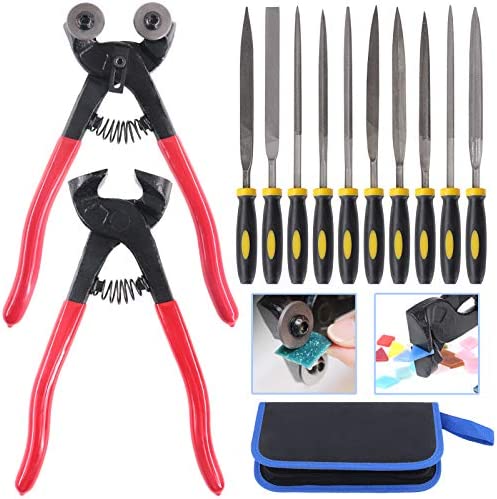 Glarks 12Pcs Mosaic Tools Set, Heavy Duty Wheeled Glass Mosaic Nippers and Tile Cutter Pliers with 10Pcs High Strength Needle File for Glass & Ceramic Cutting and Grinding