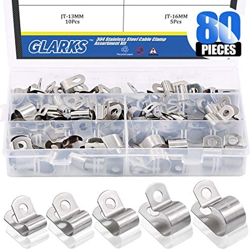 Glarks 80Pcs 5 Size 1/4” 5/16” 3/8” 1/2” 5/8” Stainless Steel Cable Clamp Assortment Kit