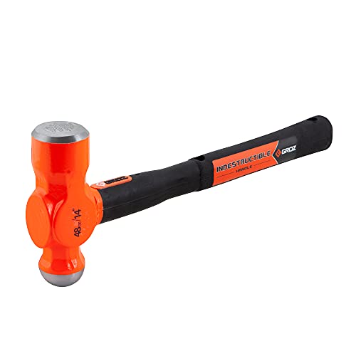 Groz 48-Ounce Ball Pein Hammer with 14-Inch Indestructible Handle | Hard Face Steel Head 52 HRC | Steel Locking Plate | Hi-Visibility Head | Vulcanized Rubber Handle (34542)