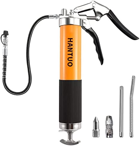 HANTUO Grease Gun, 8000 PSI Heavy Duty Pistol Grip Grease Gun Kit with 14 oz Load, 18 Inch Spring Flex Hose, 2 Grease Couplers, 2 Extension Rigid Pipes and 1 Sharp Type Nozzle, Suit for Zerk Fittings
