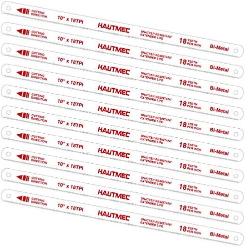 HAUTMEC 10″ Hacksaw Blades Replacement Bi-Metal(10 Pack) 18 TPI High Speed Steel Grounded Teeth HT0119-CT