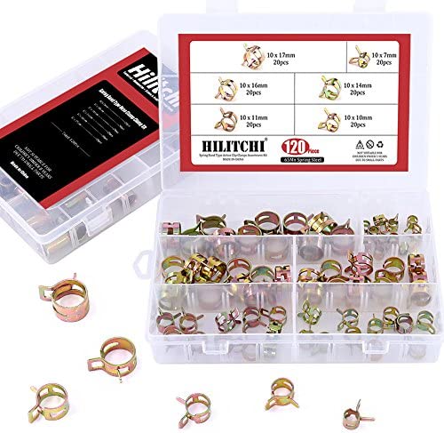 Hilitchi 120 Pcs Spring Band Type Action Fuel/Silicone Vacuum Hose Pipe Clamp Low Pressure Air Clip Clamp (10 x 7mm 10mm 11mm 14mm 16mm 17mm)