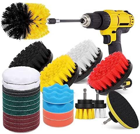 Hiware 26-Piece Drill Brush Set for Cleaning – Power Scrubber Brush Pad Sponge Kit with Extend Attachment for Bathroom, Car, Grout, Carpet, Floor, Tub, Shower, Tile, Corners, Kitchen