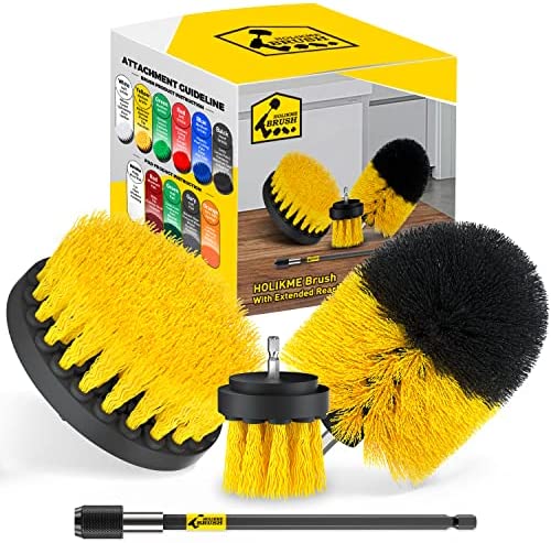 Holikme 4Pack Drill Brush Power Scrubber Cleaning Brush Extended Long Attachment Set All Purpose Drill Scrub Brushes Kit for Grout, Floor, Tub, Shower, Tile, Bathroom and Kitchen Surface，Yellow