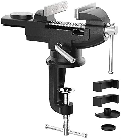 Housolution Universal Table Vise 3 Inch, 360°Swivel Base Bench Clamp Home Vise Clamp-On Vise Repair Tool Portable Work Bench Vise for Woodworking, Cutting Conduit, Drilling, Metalworking – Black