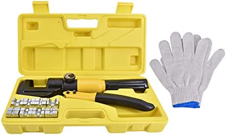Hydraulic Hand Crimper Tool Set for Stainless Steel Cable Railing Fittings, Crimps 1/8″ to 3/16″, Professional Wire Swaging Tools, Kit includes Hose, Pipe, Clamp, Rope and 9 Sets of Crimping Dies